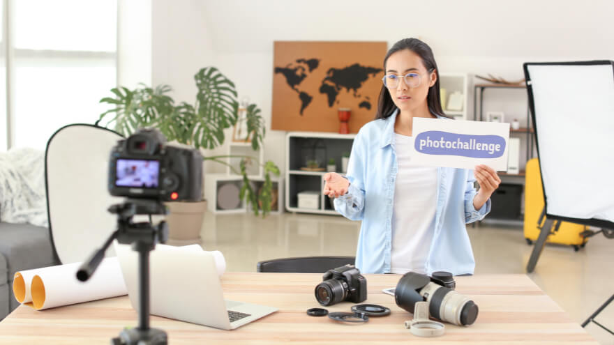 An influencer is recording an UGC video for a photo challenge