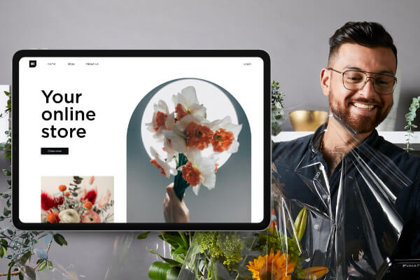 A floral online store is displayed alongside its business owner