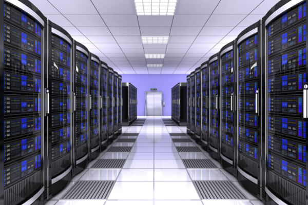 A wide-angle, hyper-realistic image of a data center aisle with two rows of blue-lit servers and networking equipment racks. The aisle is clean, with a polished floor, and a closed elevator door is visible at the end.