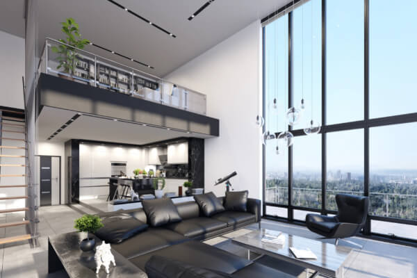 A wide-angle, hyper-realistic, and brightly lit image of a luxury loft apartment with a modern interior design. The space features a living room with a black leather sectional sofa, a small telescope, and a mezzanine with a bookshelf overlooking a minimalist kitchen. The large floor-to-ceiling windows offer a panoramic view of the city.
