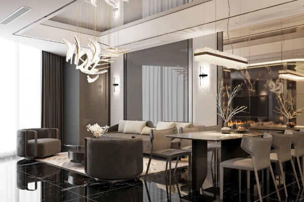 A wide-angle, hyper-realistic shot of a luxury modern apartment interior with an open-concept living and dining room. The space features a black and gray color palette with high-end furniture, a black marble floor, and large glass windows.