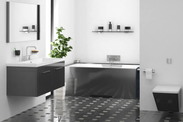A wide-angle, hyper-realistic image of a modern minimalist bathroom with a black and white interior design. The space includes a wall-mounted sink with dark gray cabinets, a sleek reflective metal bathtub, and a wall-mounted toilet.
