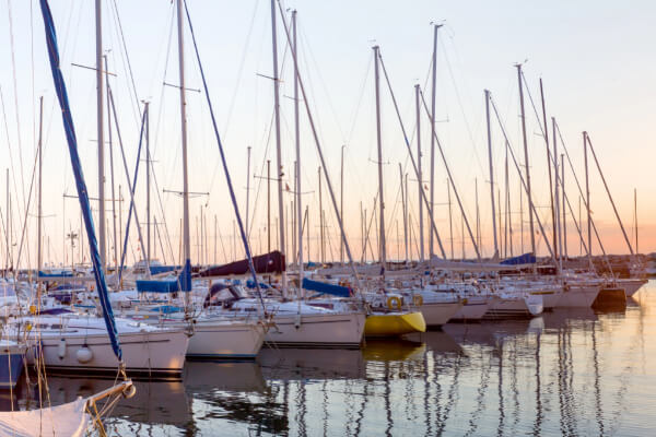 A wide-angle view of a marina with dozens of sailboats with their tall masts and rigging docked in calm water at sunset. The sky has a light yellow, pink, and orange hue, and the boats are reflected on the water's surface.