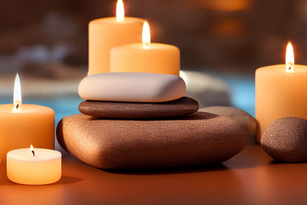 A peaceful, close-up shot of a zen-like spa arrangement with several smooth, stacked river stones of different colors surrounded by a warm glow from multiple lit white pillar candles.