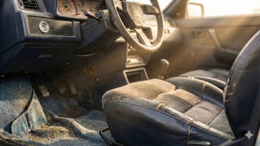 Interior of a 1980s rally sports car featuring worn black leather seats, a dusty blue dashboard with analog gauges, and denim-textured floor mats in natural morning light.