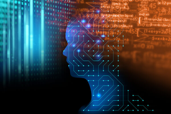 A blue silhouette of a human head and shoulders filled with circuit board patterns against a background of mathematical equations.