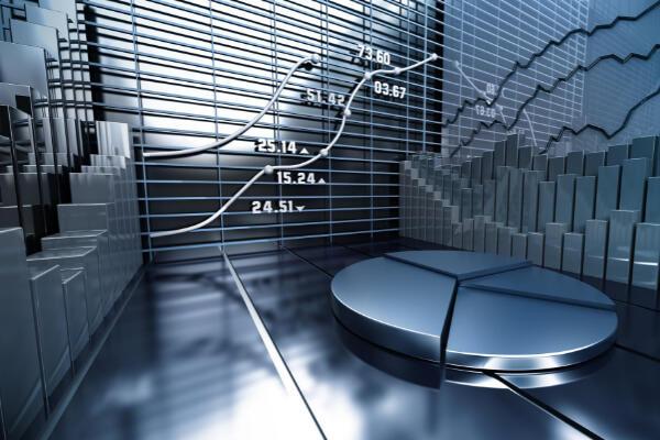 A 3D digital environment featuring a blue pie chart, rising line graphs with data points, and bar charts representing AI-driven financial analytics and market trends.
