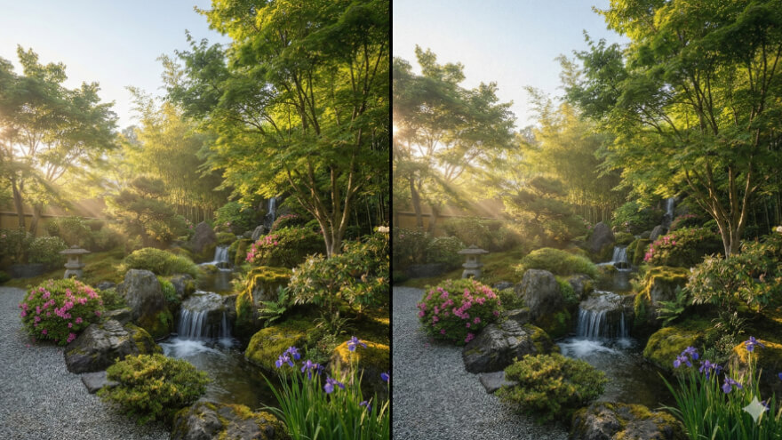 A vertical side-by-side comparison of a Japanese garden with a waterfall, showing a clean digital version on the left and a version with realistic film grain on the right.