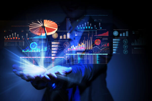 A professional holding glowing holographic marketing charts, pie graphs, and data points in their open palms, representing future AI interfaces.