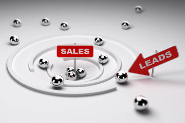 A 3D model of a target maze with "SALES" in the center and a red "LEADS" arrow, illustrating AI-optimized sales lead flow.