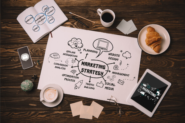 Top-down view of a hand-drawn "Marketing Strategy" mind map on a large sheet of paper, featuring nodes for SEO, Social Media, and Conversion Analysis.