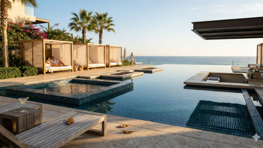 Sunset view of an outdoor infinity pool with square built-in seating areas, private wooden cabanas, and sun loungers overlooking the ocean.