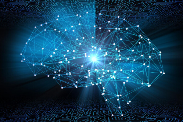 A glowing blue digital representation of a human brain formed by a complex network of nodes and light connections.