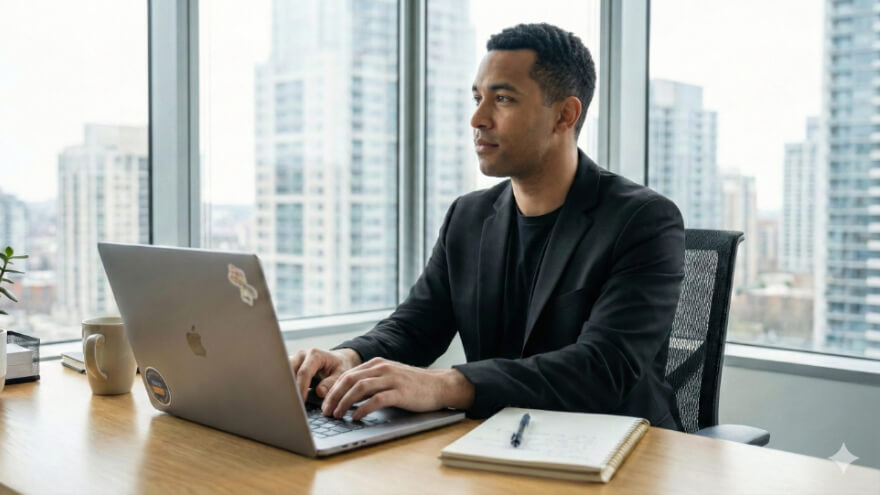 A man in a black blazer sitting at a desk in a high-rise office, focused on his laptop while preparing generative AI prompts next to a notebook.
