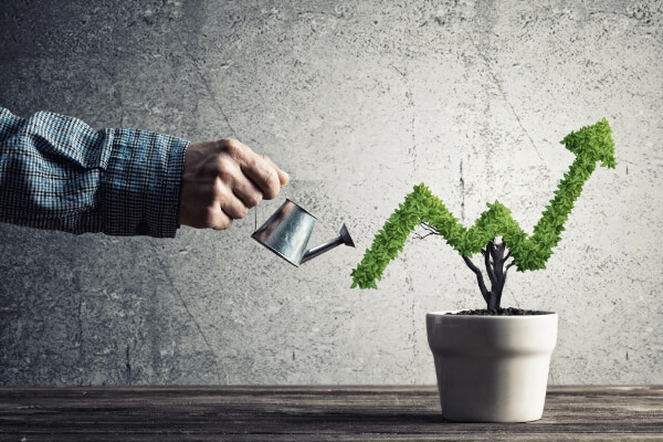 A hand using a small watering can to water a plant shaped like a rising growth arrow, symbolizing nurtured AI-powered revenue growth.