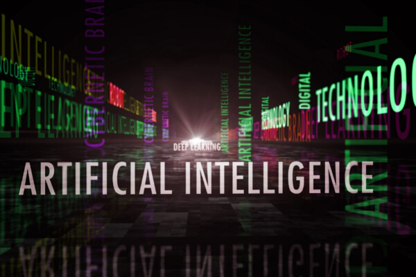 A digital 3D tunnel filled with glowing green, purple, and white text reading ARTIFICIAL INTELLIGENCE and related technology terms.
